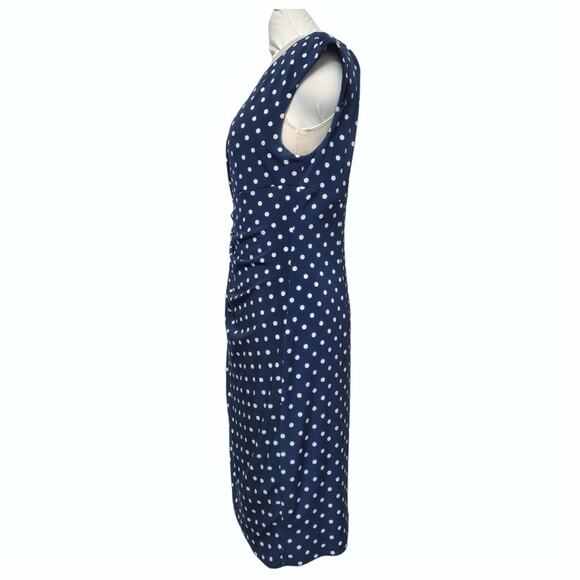 CONNECTED Petite Navy Polka Dot Dress Size 12 Cap Sleeves Stretch Knit Pleated - Picture 4 of 11